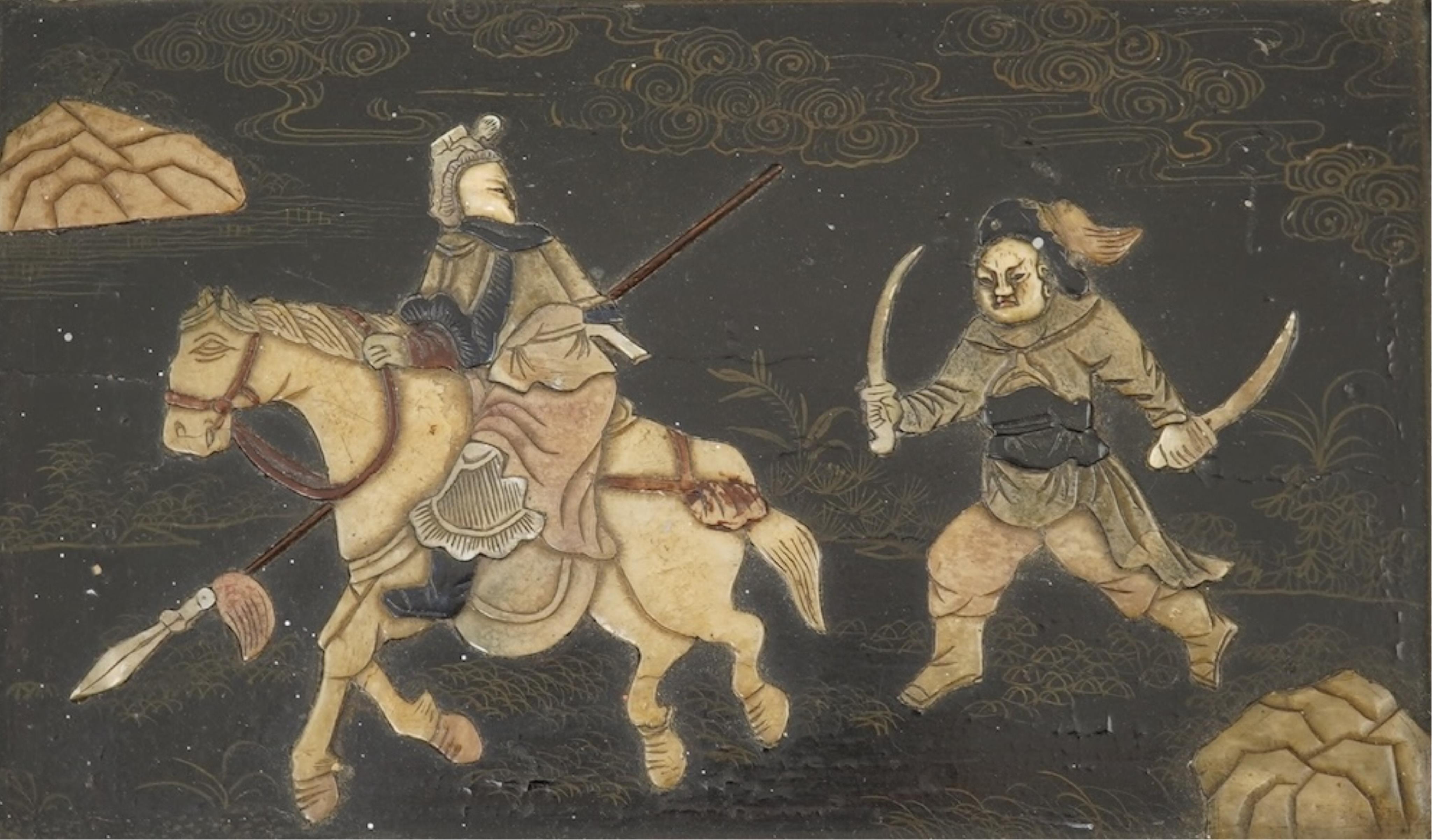 A Chinese lacquer, soapstone, mother-of-pearl and bone overlaid panel, 18th/19th century